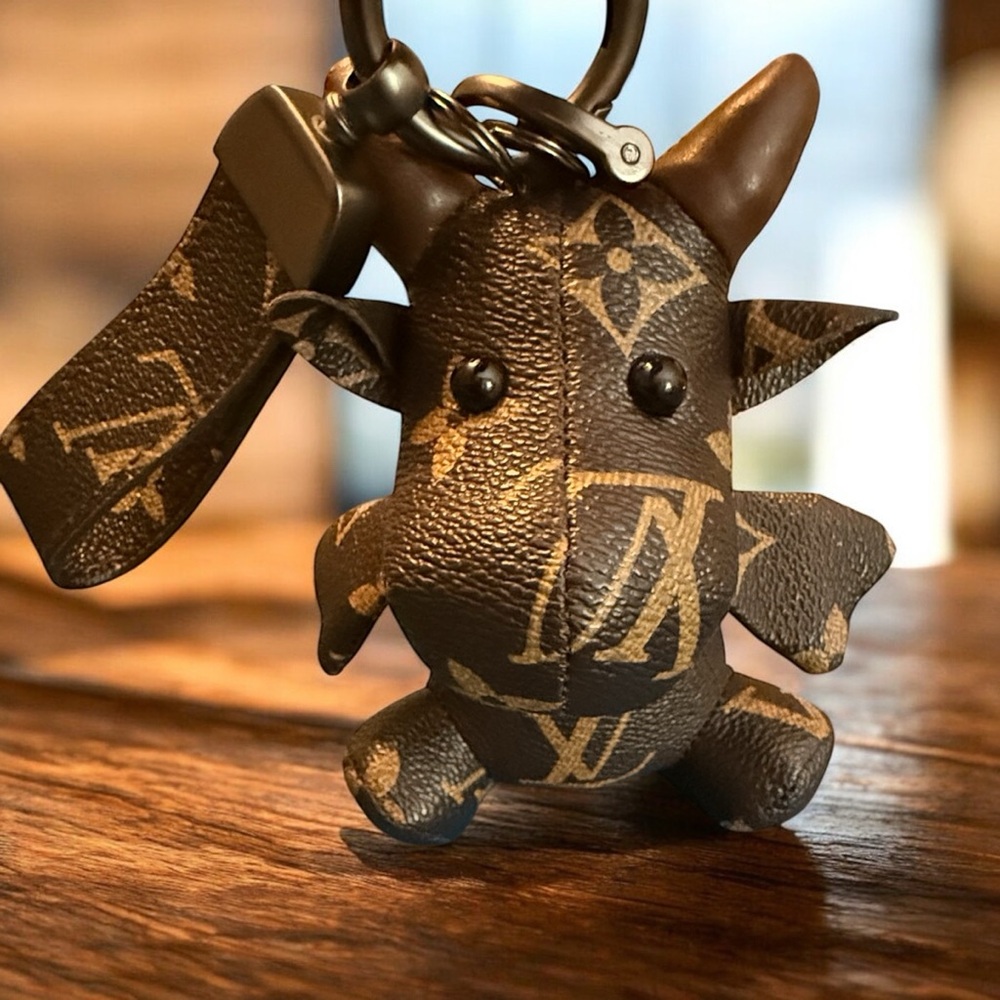 Brown tan Monogram Leather cow animal, keychain key ring bag charm New